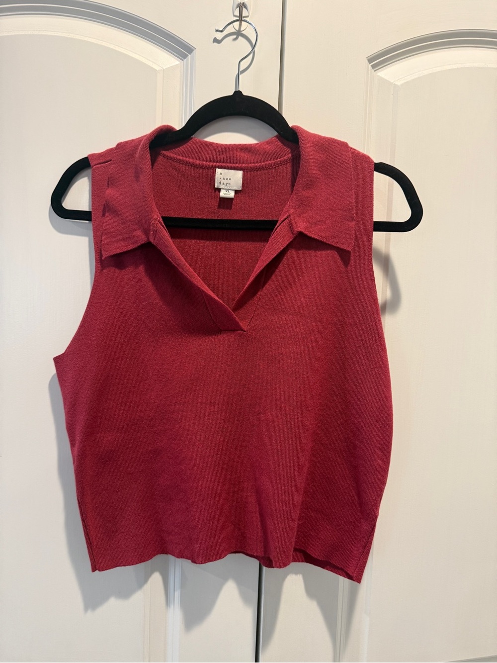 a new day Collared Knit Cropped Tank - Rose Red